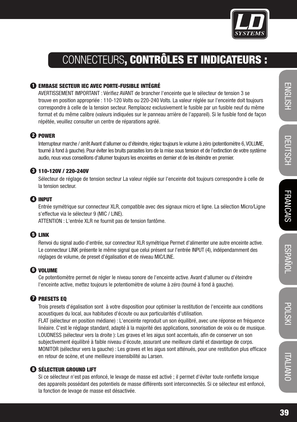 Connecteurs , contrôles et indicateurs | LD Systems OXID 15 A User Manual | Page 39 / 100