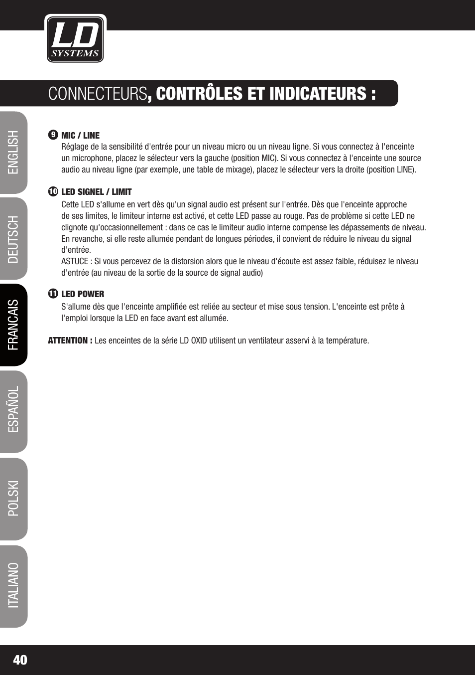 Connecteurs , contrôles et indicateurs | LD Systems OXID 15 A User Manual | Page 40 / 100