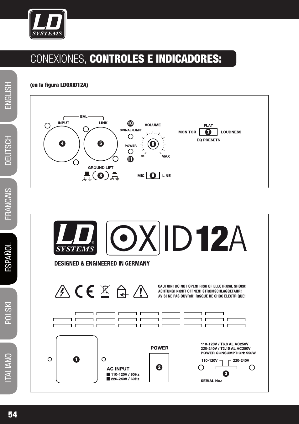 Conexiones, controles e indicadores | LD Systems OXID 15 A User Manual | Page 54 / 100