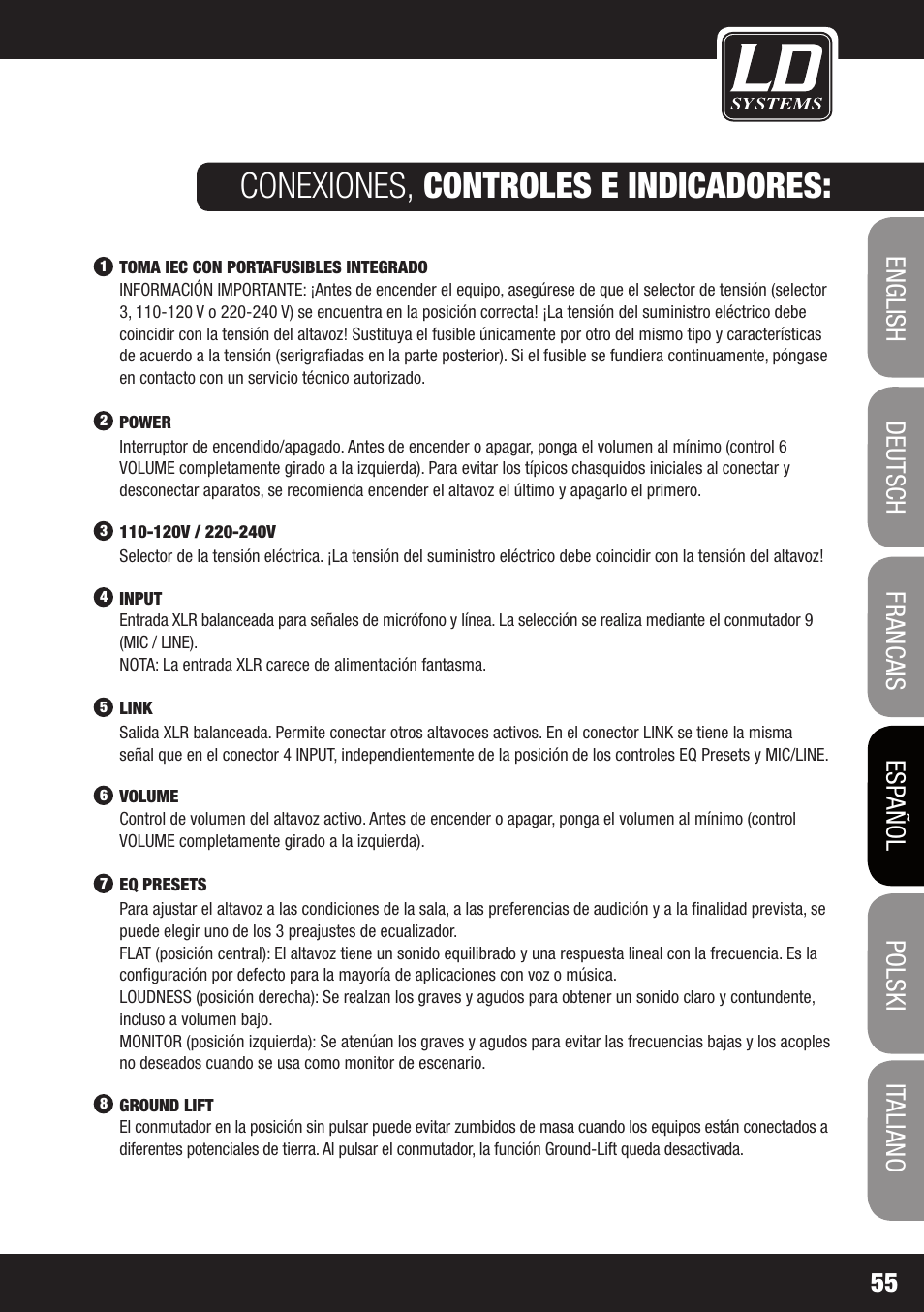Conexiones, controles e indicadores | LD Systems OXID 15 A User Manual | Page 55 / 100