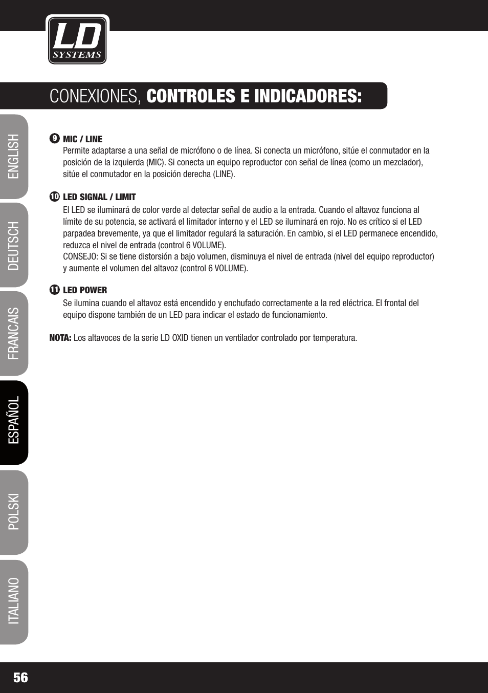 Conexiones, controles e indicadores | LD Systems OXID 15 A User Manual | Page 56 / 100
