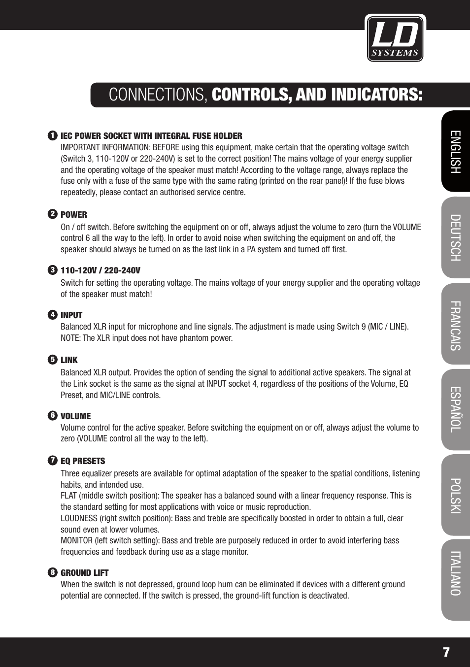Connections, controls, and indicators | LD Systems OXID 15 A User Manual | Page 7 / 100
