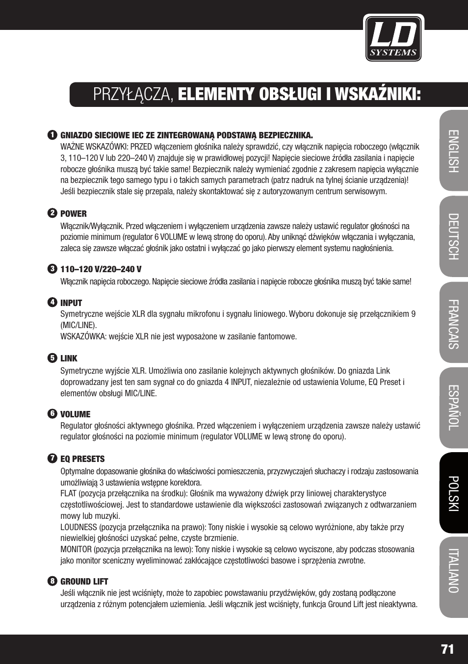 Przyłącza, elementy obsługi i wskaźniki | LD Systems OXID 15 A User Manual | Page 71 / 100
