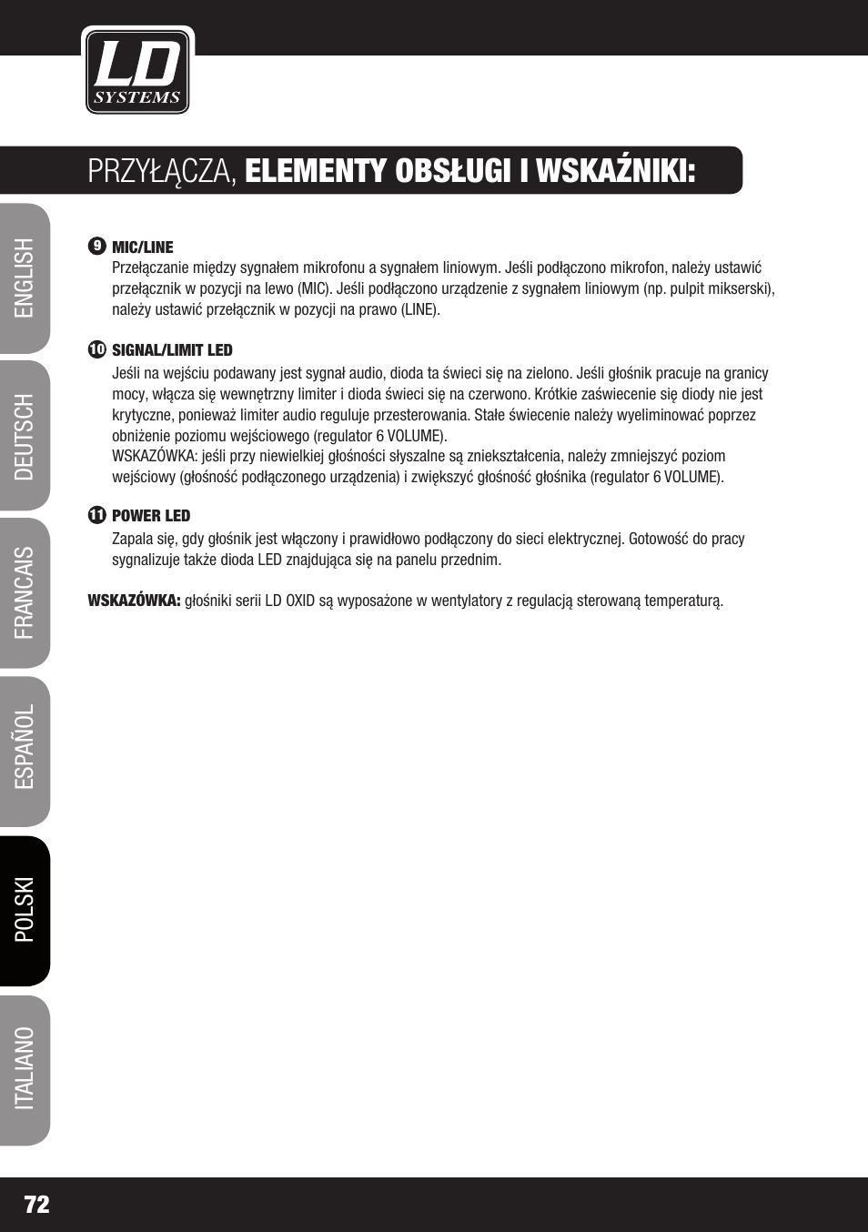 Przyłącza, elementy obsługi i wskaźniki | LD Systems OXID 15 A User Manual | Page 72 / 100