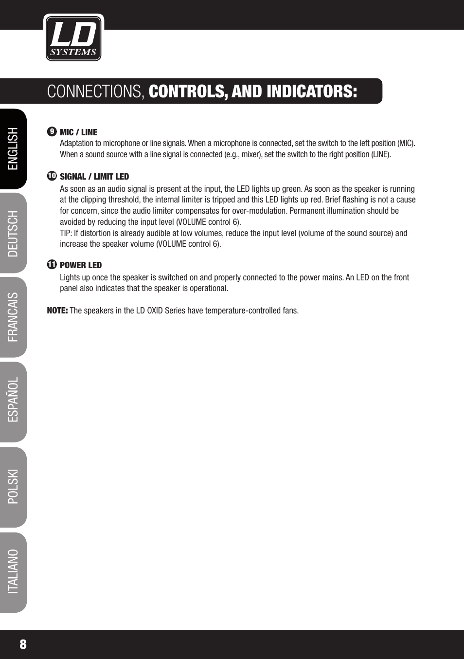 Connections, controls, and indicators | LD Systems OXID 15 A User Manual | Page 8 / 100