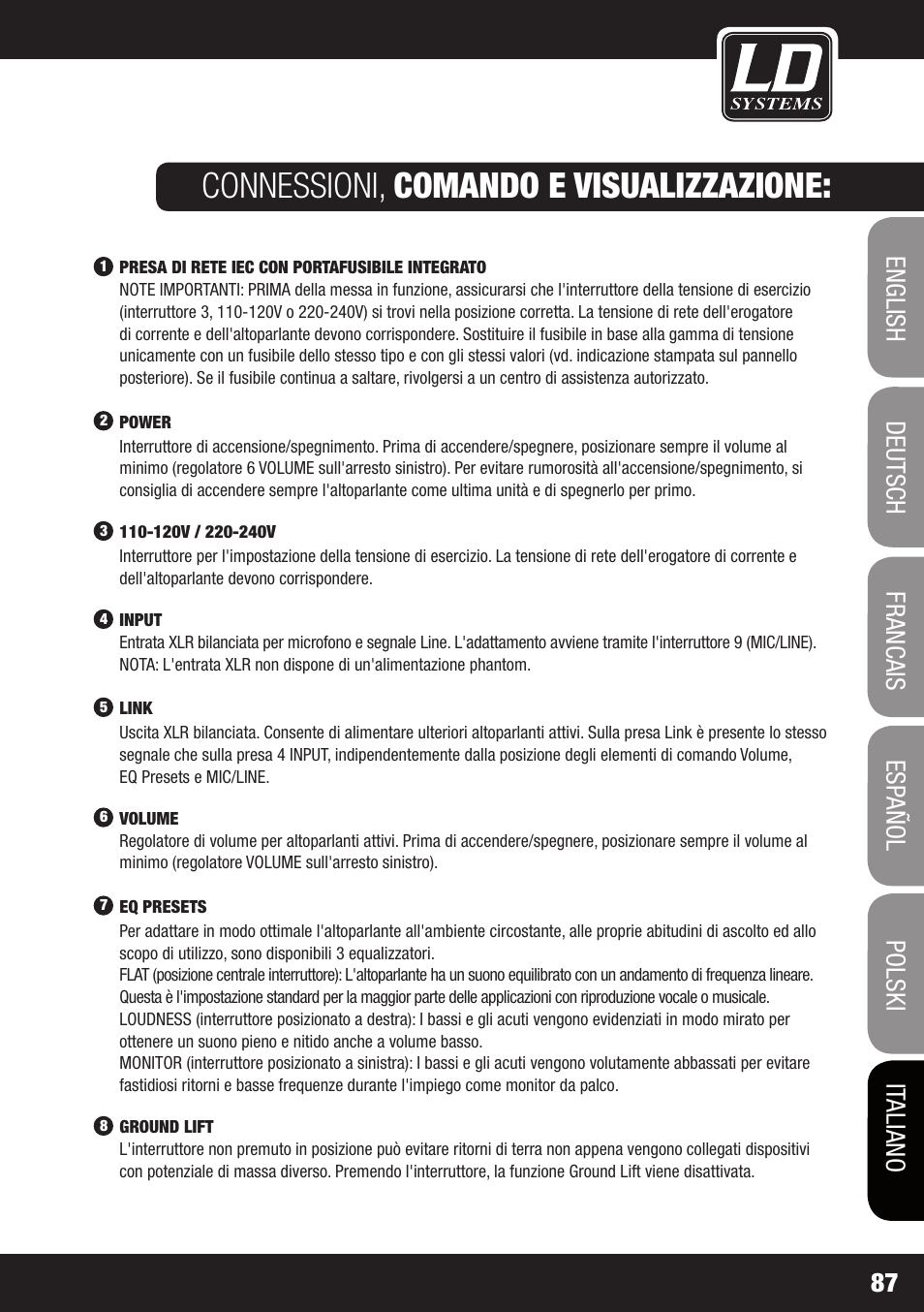 Connessioni, comando e visualizzazione | LD Systems OXID 15 A User Manual | Page 87 / 100
