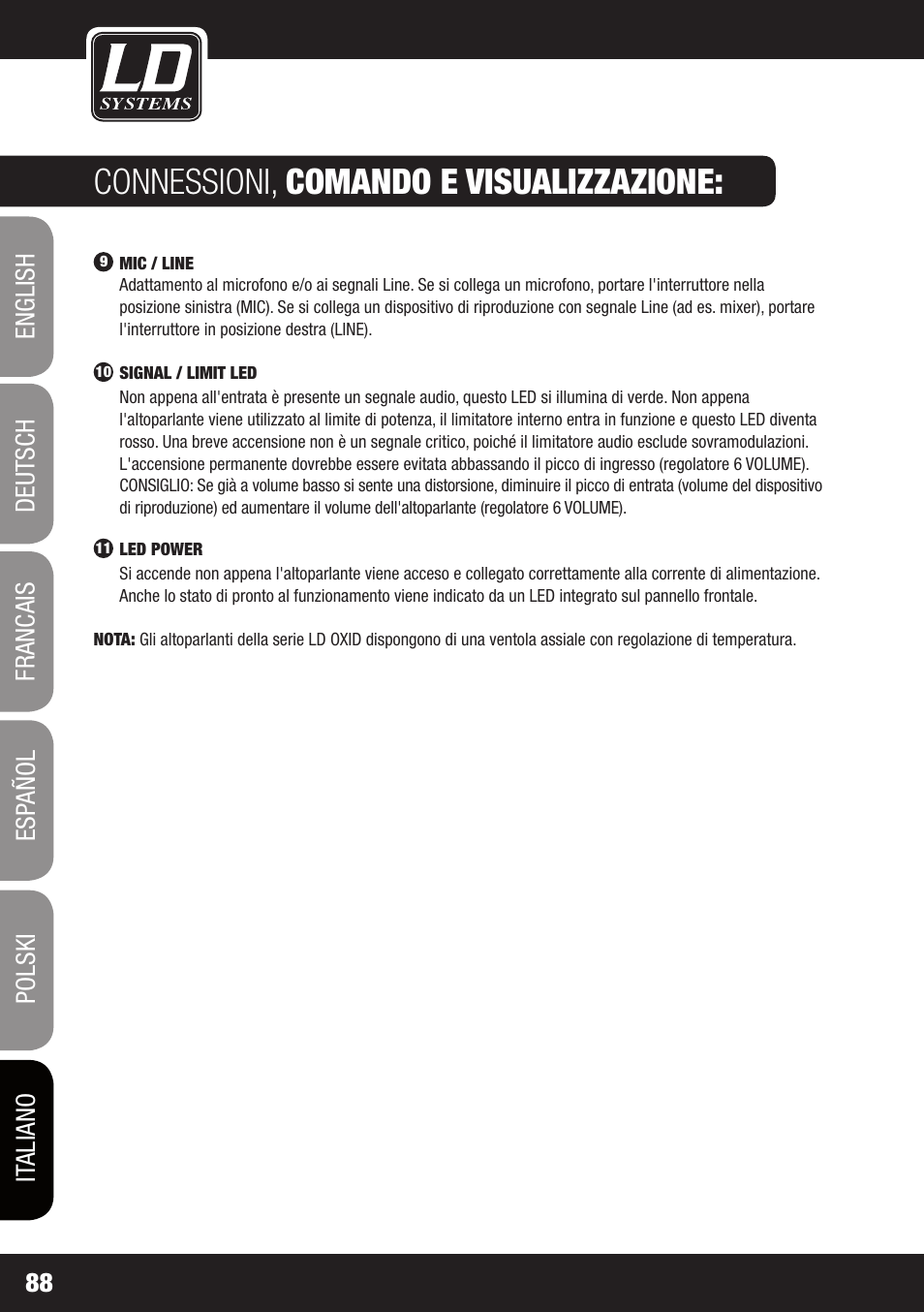 Connessioni, comando e visualizzazione | LD Systems OXID 15 A User Manual | Page 88 / 100