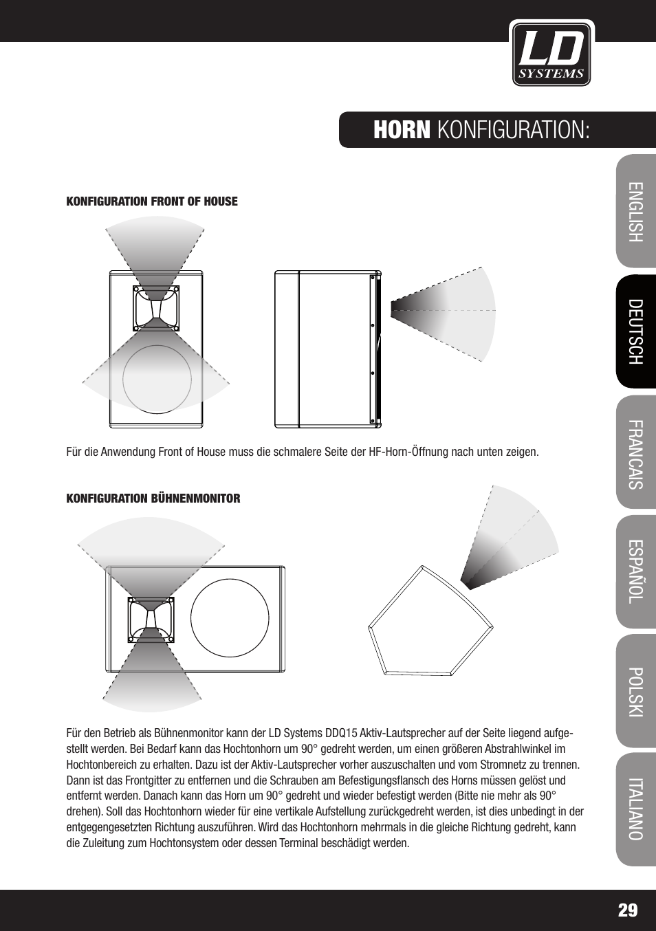Dsp block diagramm, Horn konfiguration | LD Systems DDQ 15 User Manual | Page 29 / 112