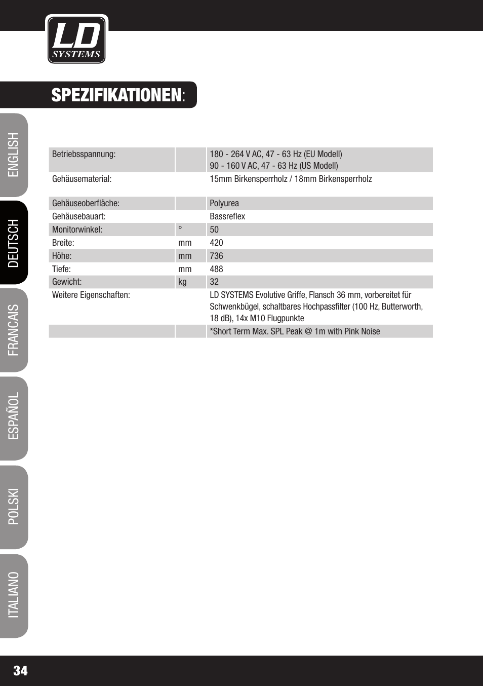 Spezifikationen | LD Systems DDQ 15 User Manual | Page 34 / 112