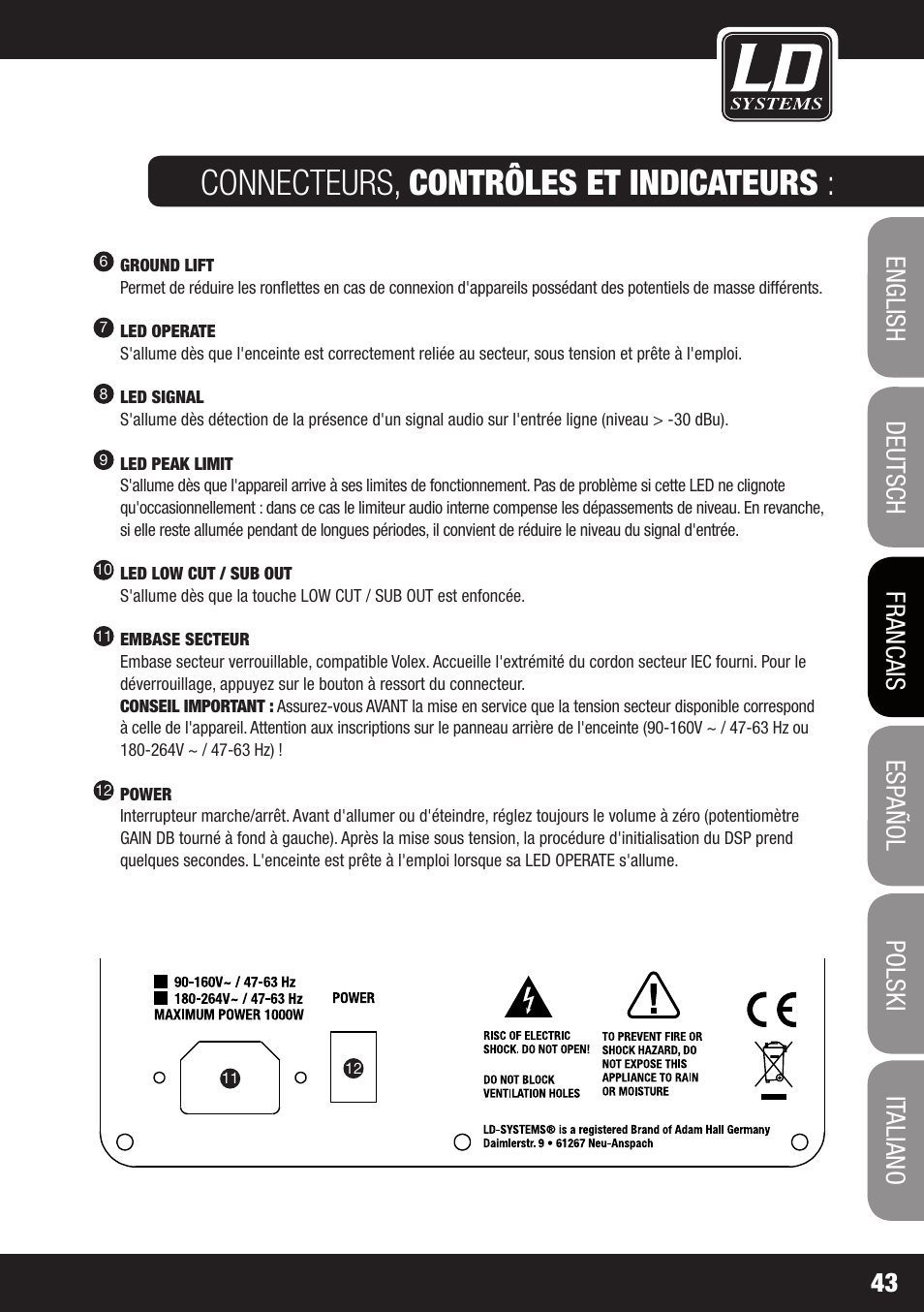 Connecteurs, contrôles et indicateurs | LD Systems DDQ 15 User Manual | Page 43 / 112