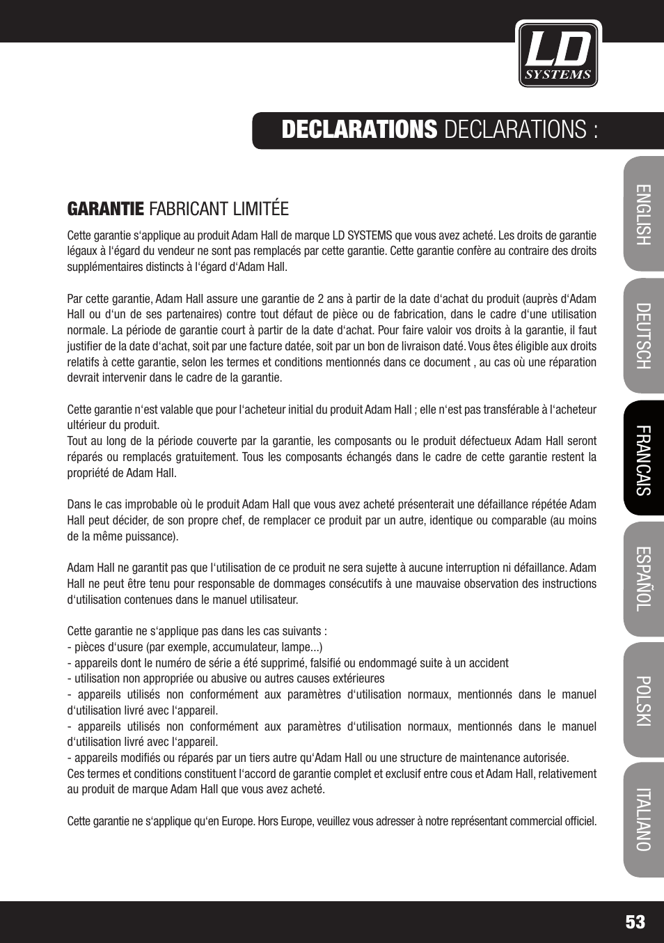 Declarations declarations, Caractéristiques | LD Systems DDQ 15 User Manual | Page 53 / 112