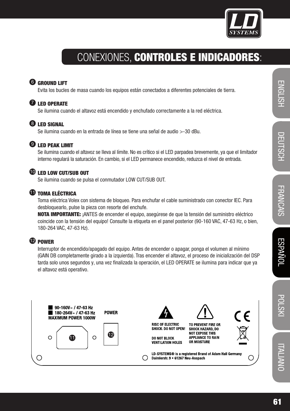 Conexiones, controles e indicadores | LD Systems DDQ 15 User Manual | Page 61 / 112