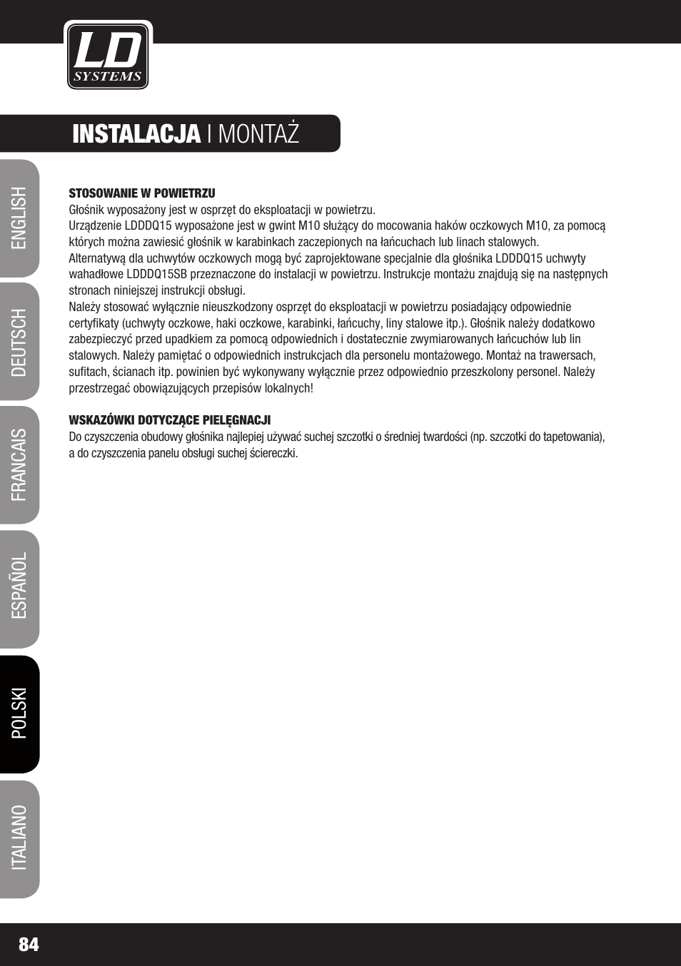 Instalacja i montaż | LD Systems DDQ 15 User Manual | Page 84 / 112