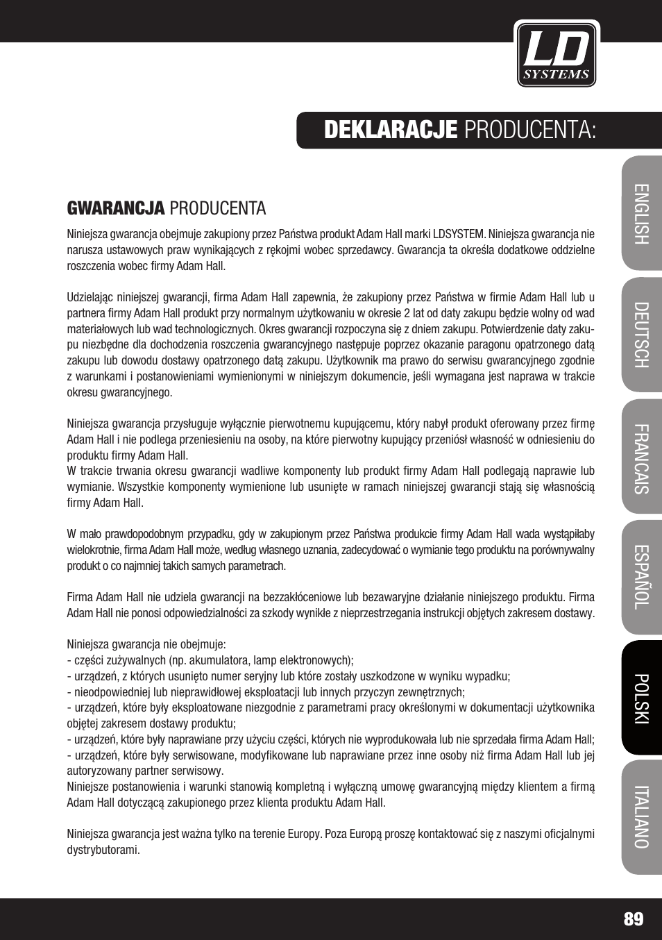 Deklaracje producenta, Specyfikacje | LD Systems DDQ 15 User Manual | Page 89 / 112
