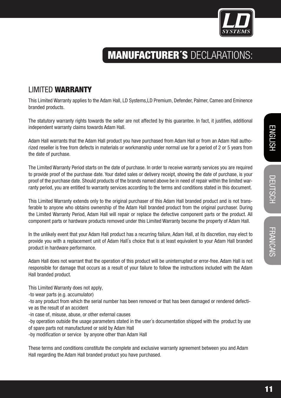 Manufacturer´s declarations, Francais, Francais deutsch english 11 | Limited warranty | LD Systems STINGER 15 HP User Manual | Page 11 / 40