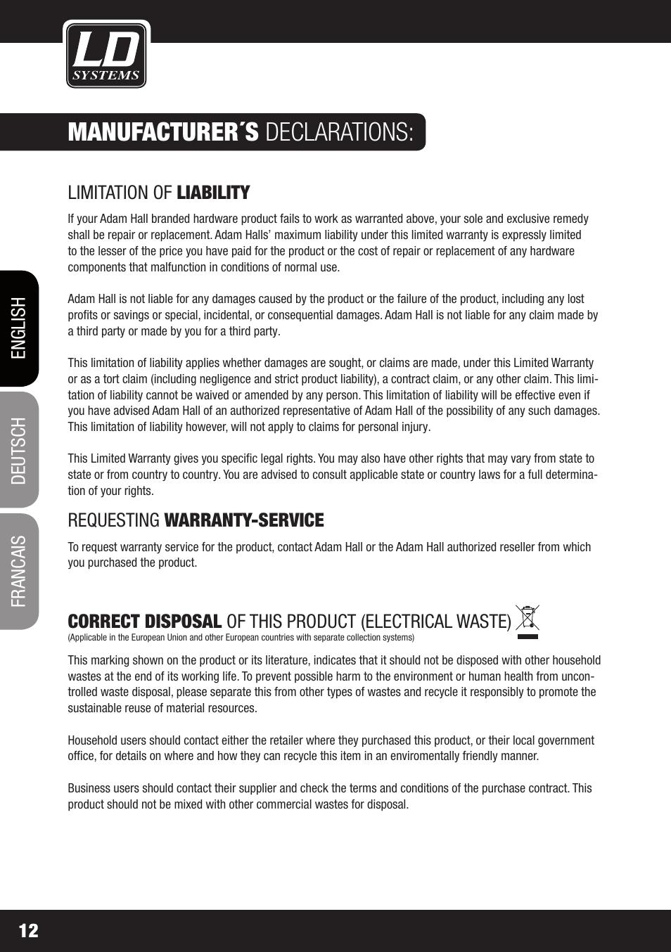 Manufacturer´s declarations, Requesting warranty-service | LD Systems STINGER 15 HP User Manual | Page 12 / 40