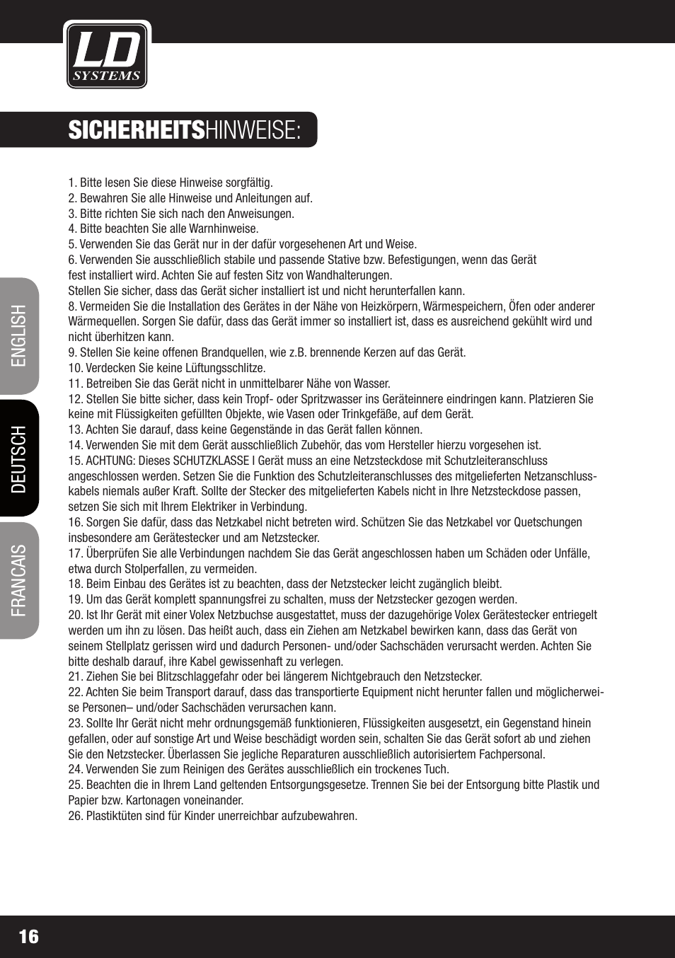 Sicherheits hinweise | LD Systems STINGER 15 HP User Manual | Page 16 / 40