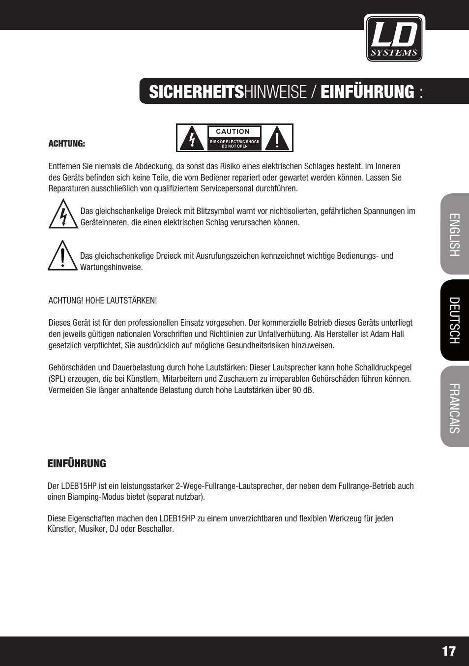 Sicherheits hinweise / einführung, Francais, Francais deutsch english 17 | LD Systems STINGER 15 HP User Manual | Page 17 / 40