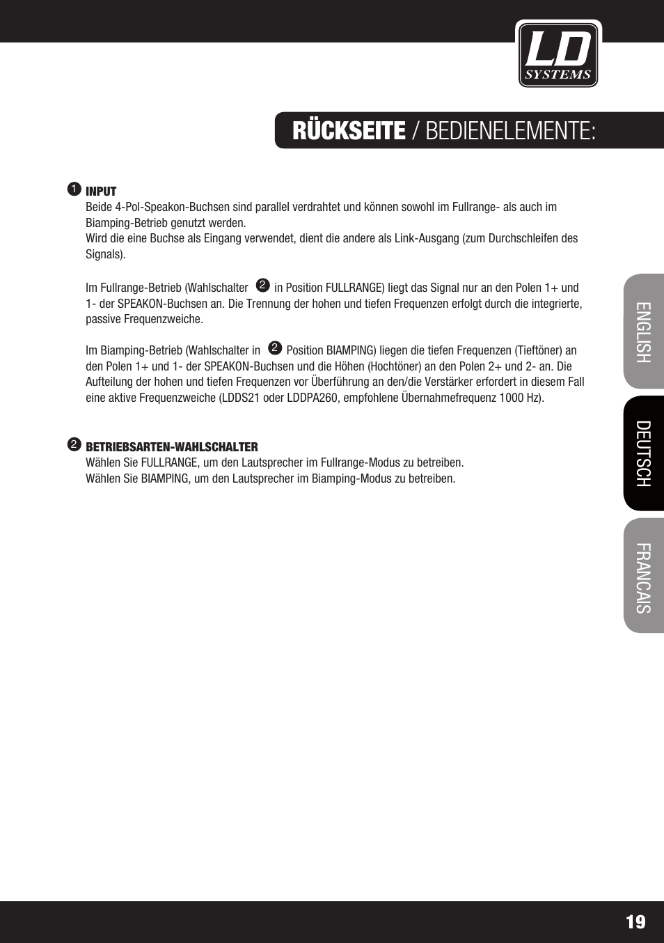 Rückseite / bedienelemente, Francais, Francais deutsch english 19 | LD Systems STINGER 15 HP User Manual | Page 19 / 40