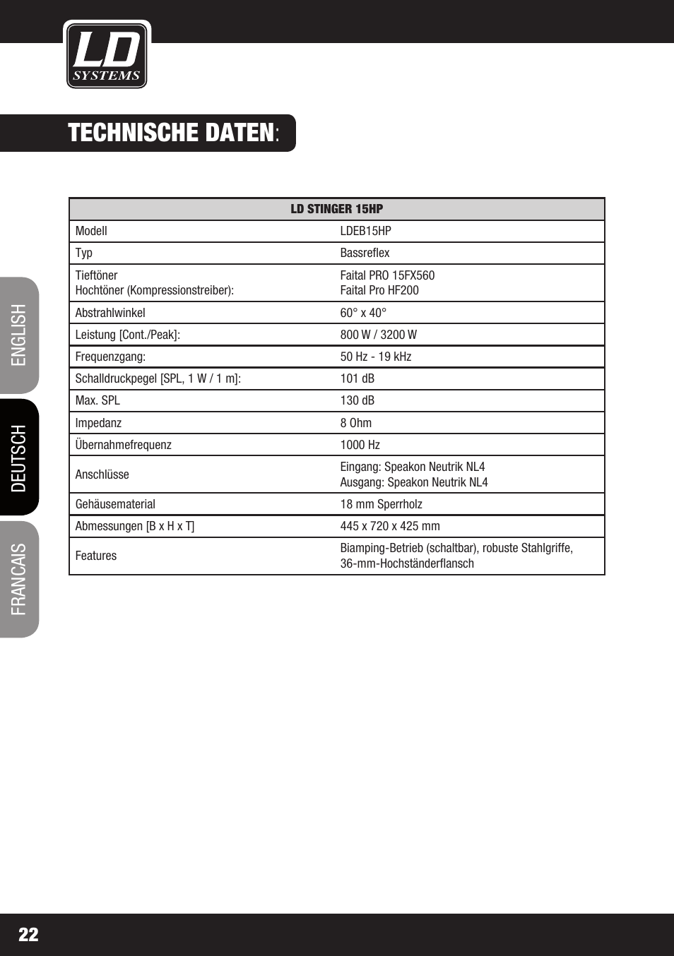 Technische daten, English deutsch francais 22 | LD Systems STINGER 15 HP User Manual | Page 22 / 40
