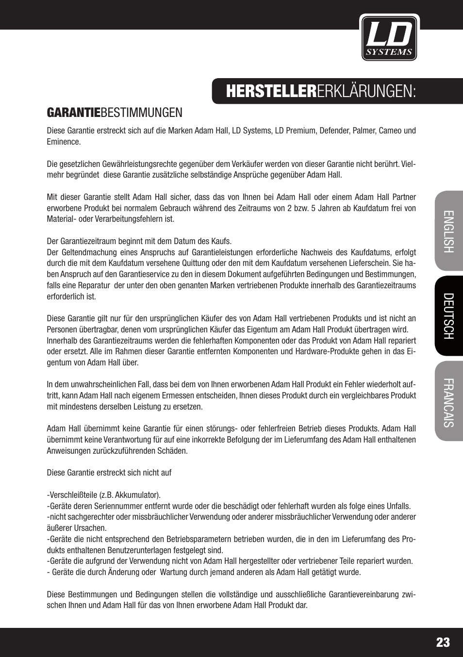 Hersteller erklärungen, Garantie bestimmungen, Francais | Francais deutsch english 23 | LD Systems STINGER 15 HP User Manual | Page 23 / 40