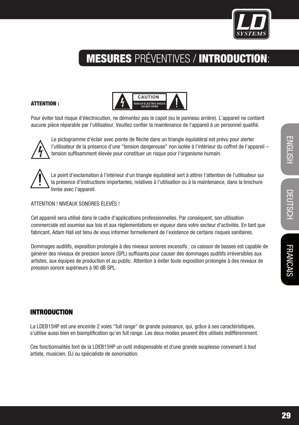 Mesures préventives / introduction, Francais, Francais deutsch english 29 | LD Systems STINGER 15 HP User Manual | Page 29 / 40