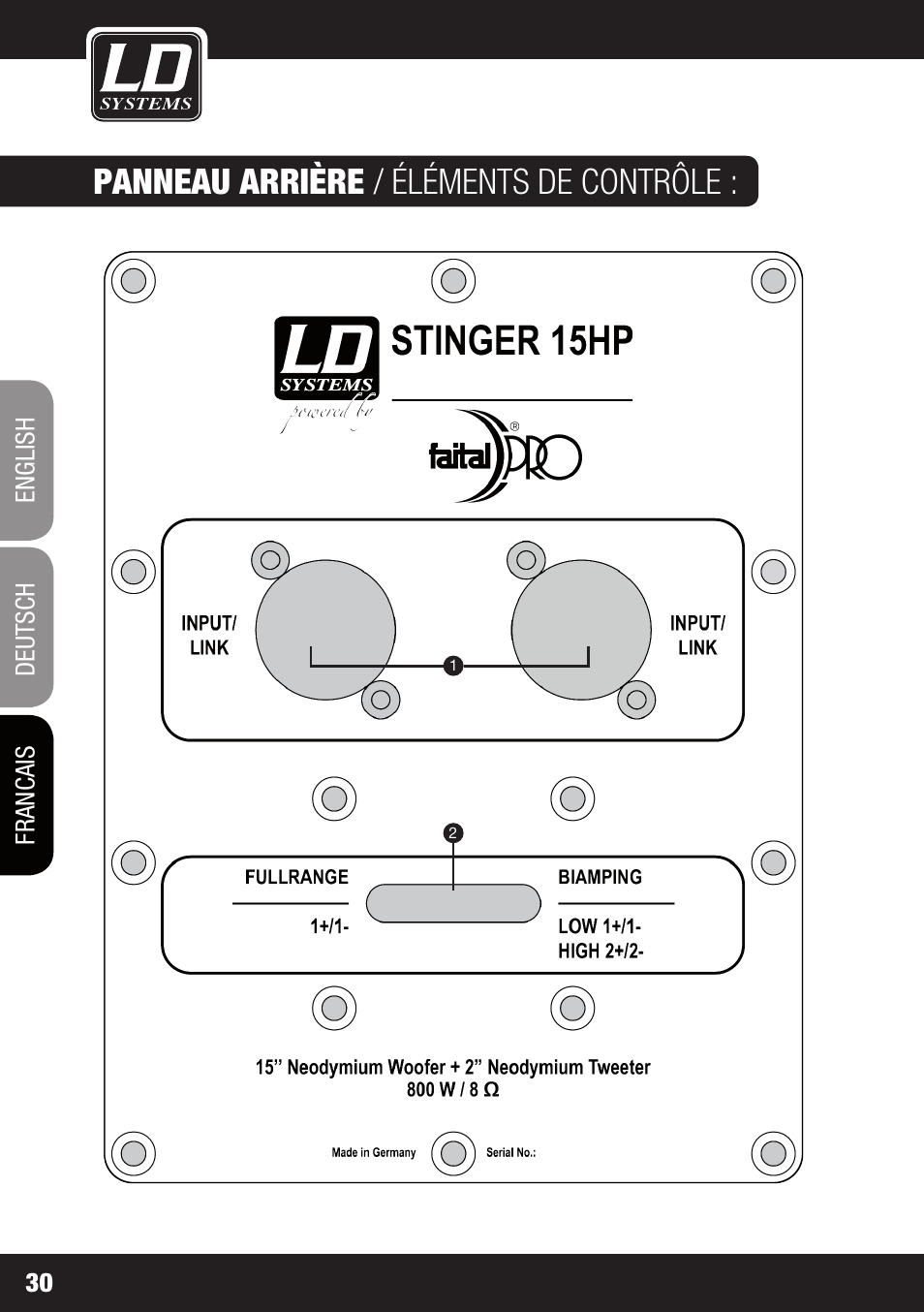 Panneau arrière / éléments de contrôle | LD Systems STINGER 15 HP User Manual | Page 30 / 40
