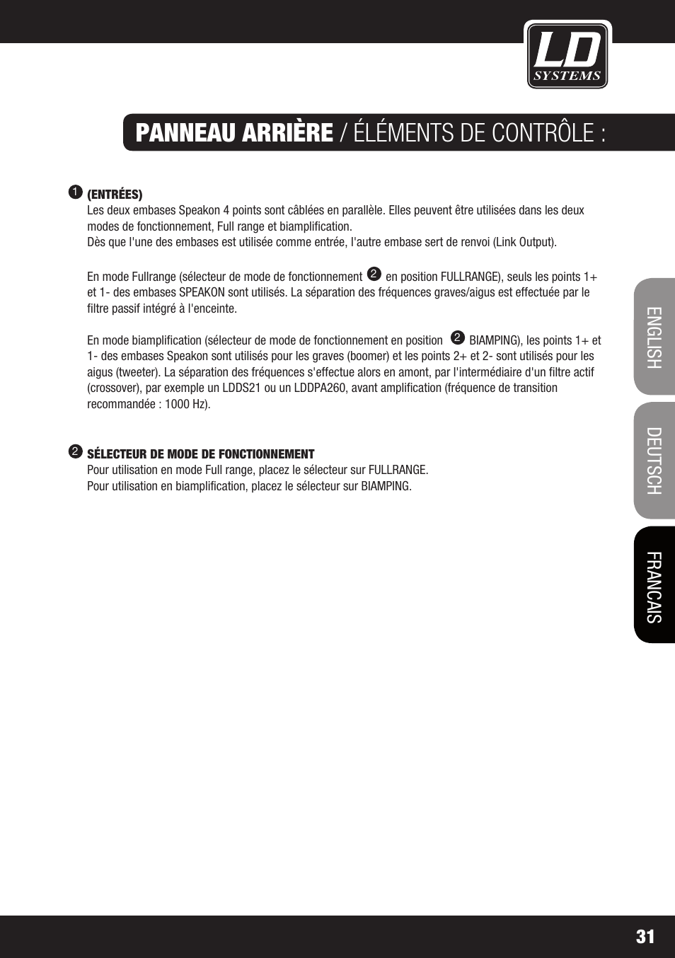 Panneau arrière / éléments de contrôle, Francais, Francais deutsch english 31 | LD Systems STINGER 15 HP User Manual | Page 31 / 40