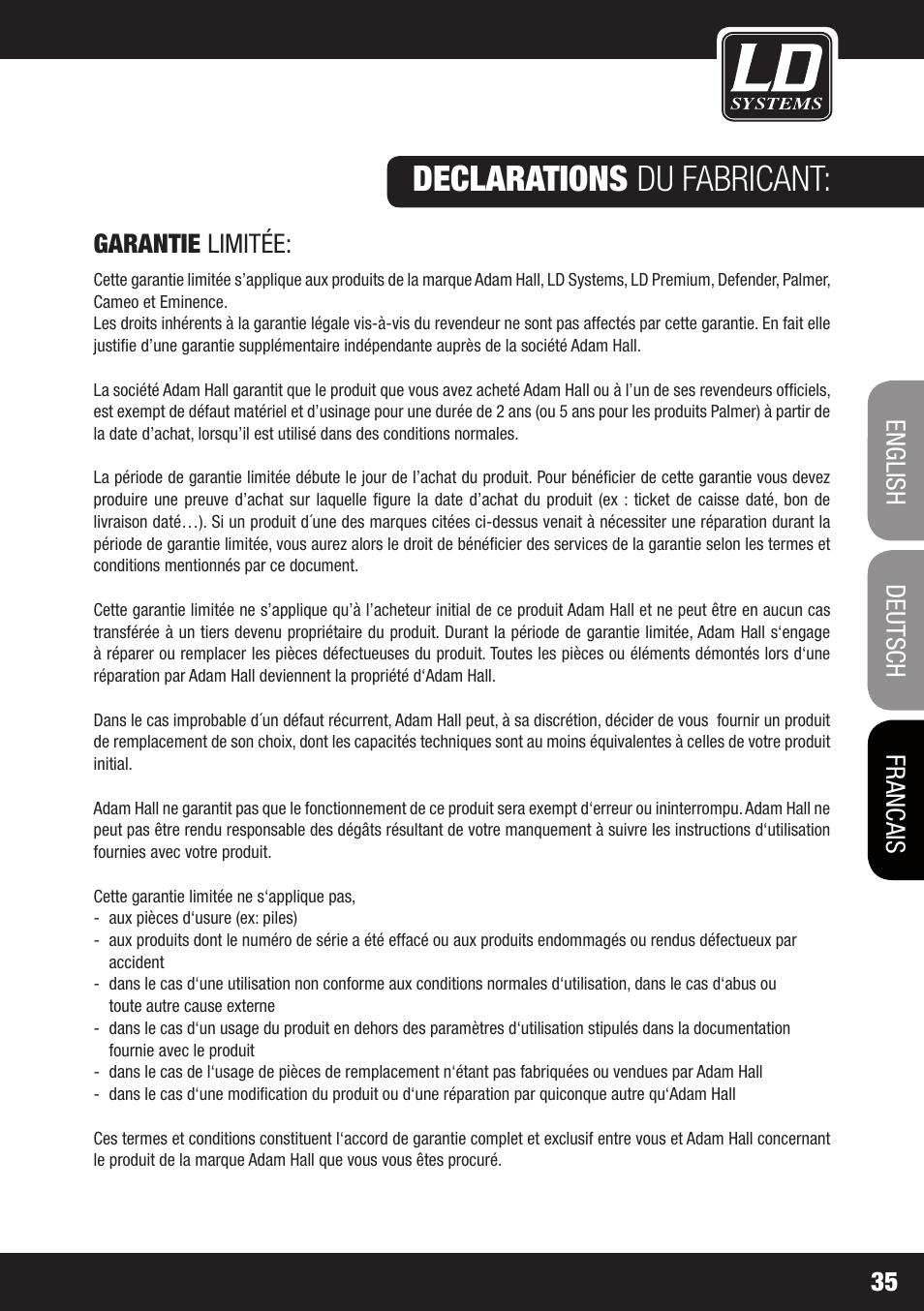 Declarations du fabricant, Garantie limitée, Francais | Francais deutsch english 35 | LD Systems STINGER 15 HP User Manual | Page 35 / 40