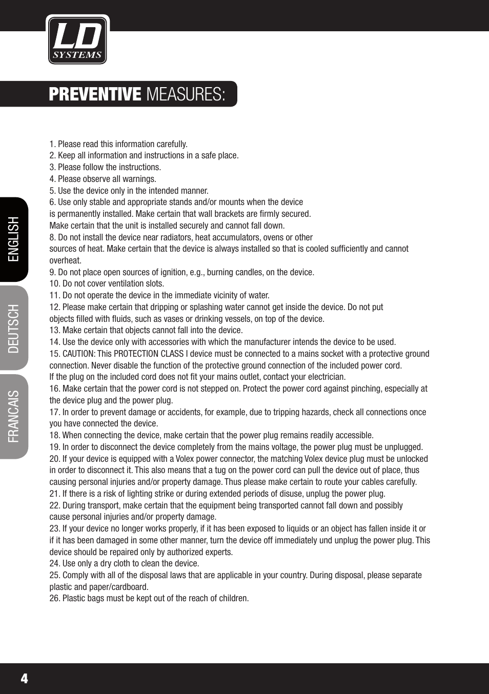 Preventive measures | LD Systems STINGER 15 HP User Manual | Page 4 / 40