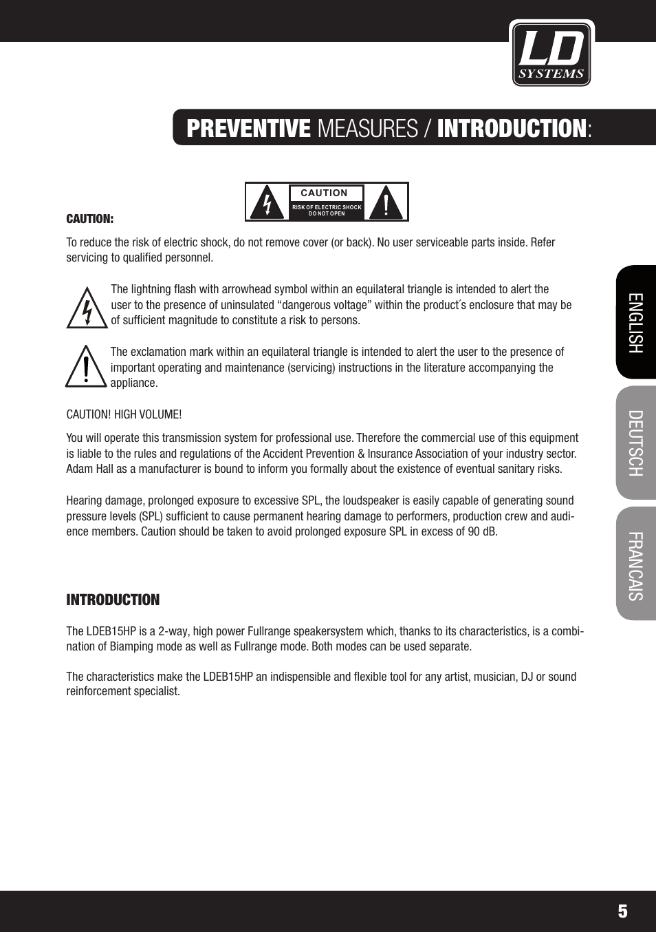 Preventive measures / introduction, Francais, Francais deutsch english 5 | LD Systems STINGER 15 HP User Manual | Page 5 / 40
