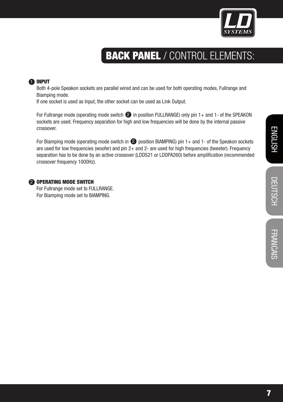 Back panel / control elements, Francais, Francais deutsch english 7 | LD Systems STINGER 15 HP User Manual | Page 7 / 40