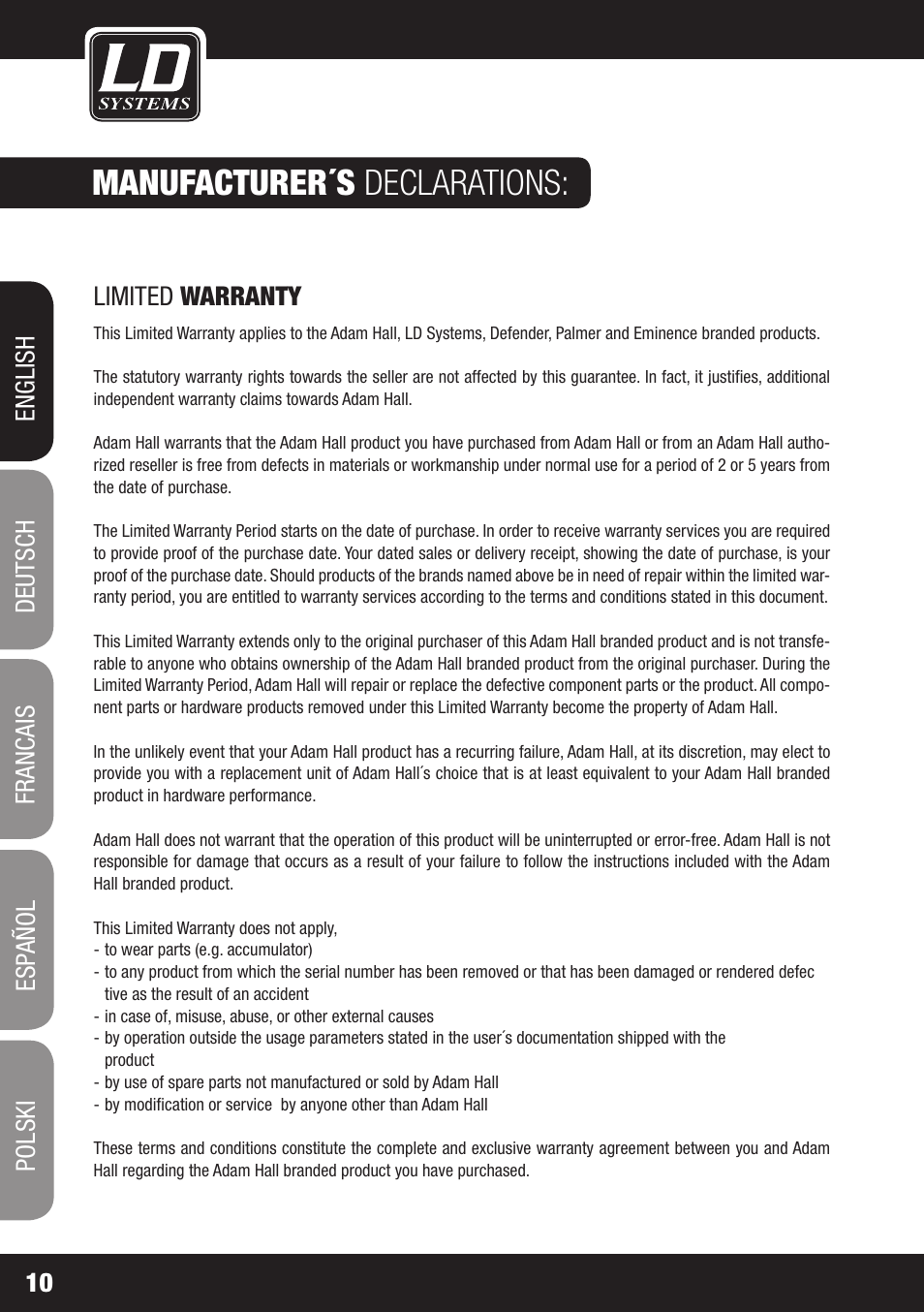Manufacturer´s declarations | LD Systems DEEP2 4950 User Manual | Page 10 / 64