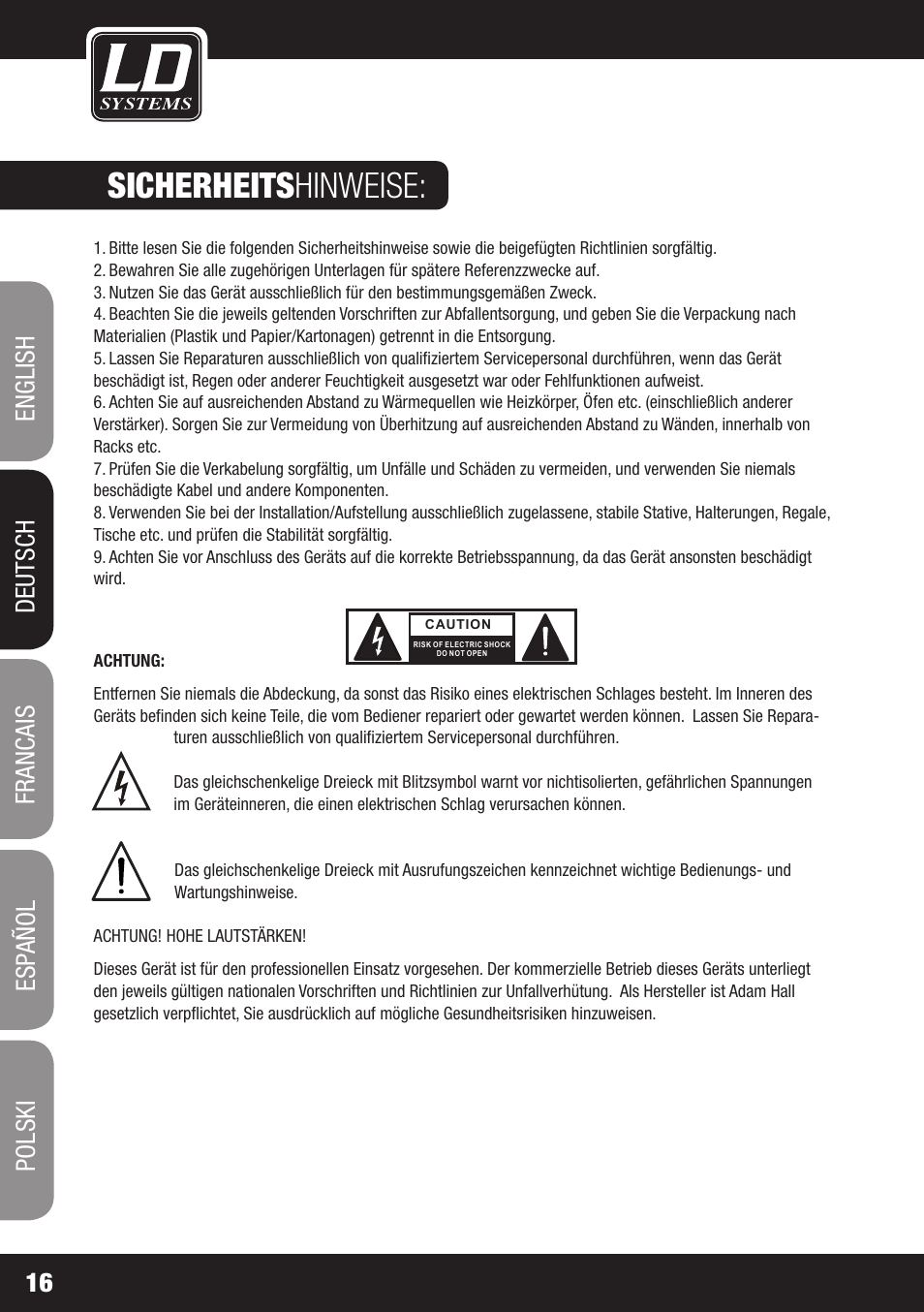 Sicherheits hinweise | LD Systems DEEP2 4950 User Manual | Page 16 / 64