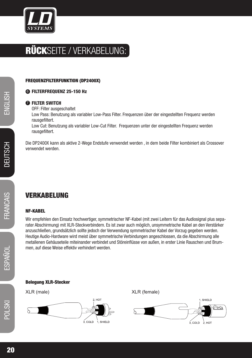 Rück seite / verkabelung, Verkabelung | LD Systems DEEP2 4950 User Manual | Page 20 / 64