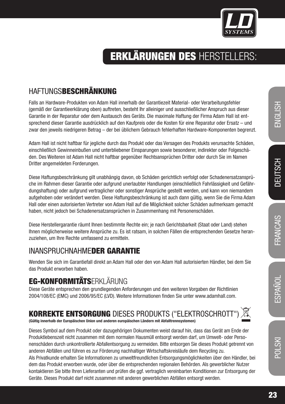 Erklärungen des herstellers | LD Systems DEEP2 4950 User Manual | Page 23 / 64