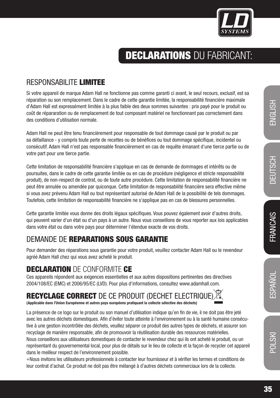 Declarations du fabricant | LD Systems DEEP2 4950 User Manual | Page 35 / 64
