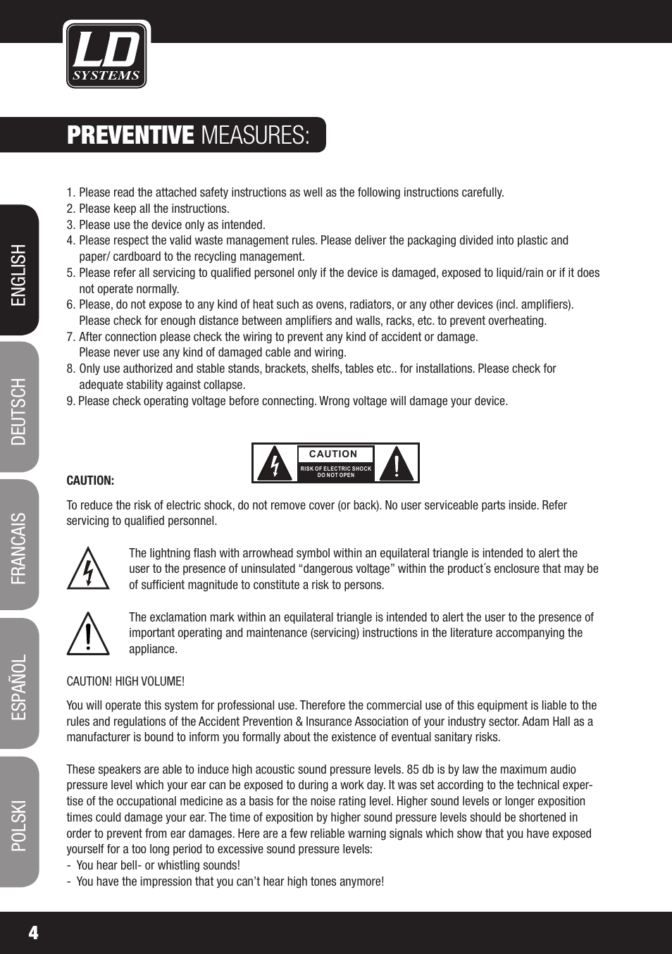Preventive measures | LD Systems DEEP2 4950 User Manual | Page 4 / 64