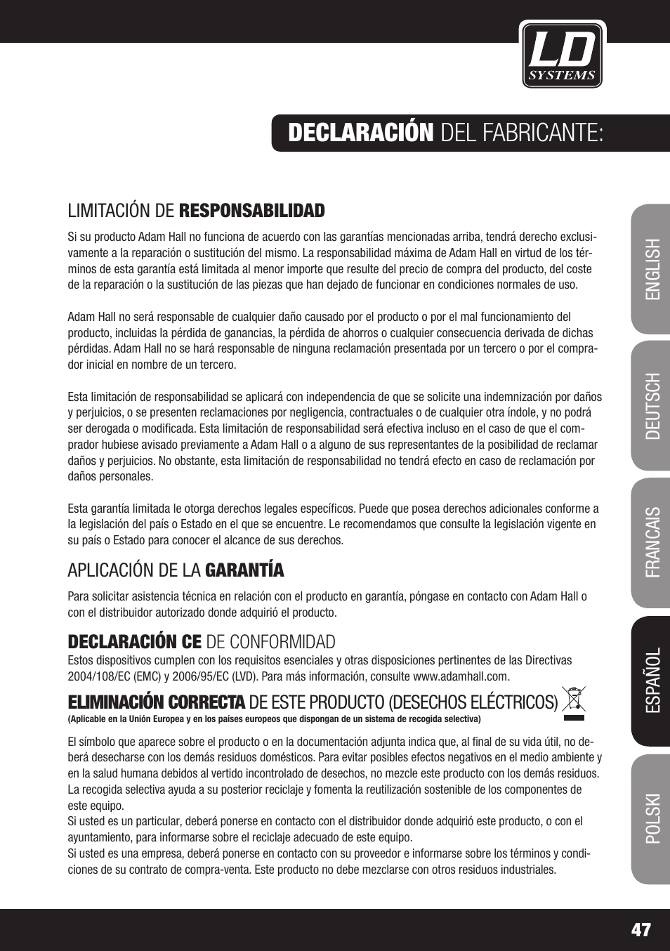 Declaración del fabricante | LD Systems DEEP2 4950 User Manual | Page 47 / 64