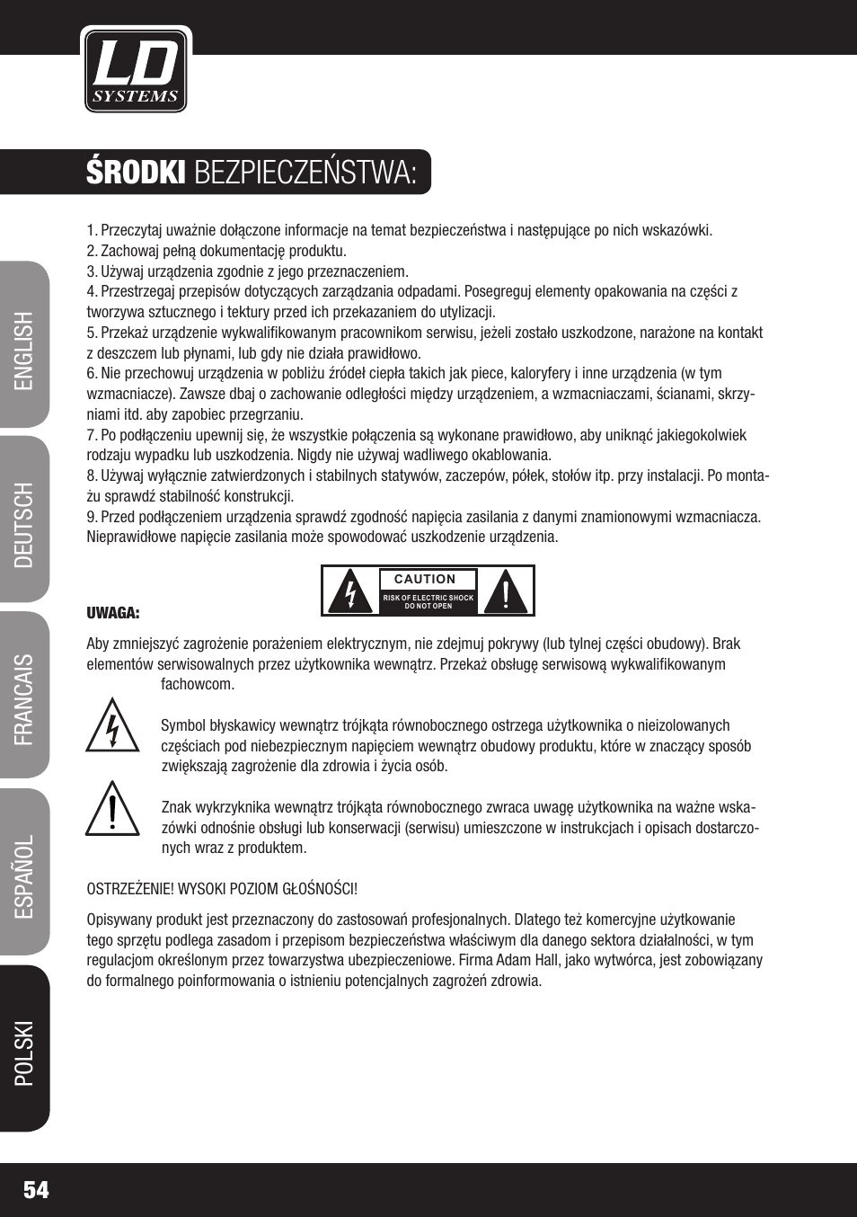 Środki bezpieczeństwa | LD Systems DEEP2 4950 User Manual | Page 54 / 64