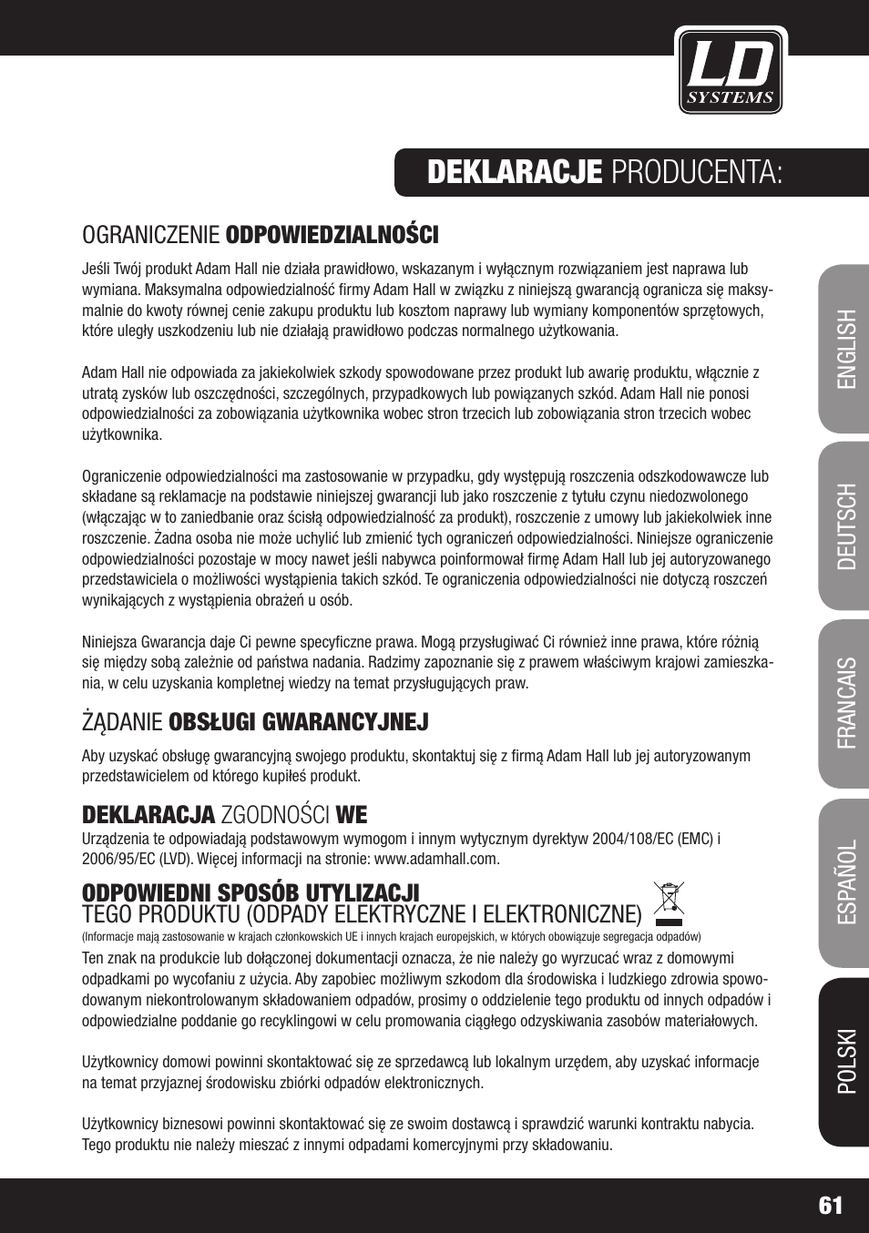 Deklaracje producenta | LD Systems DEEP2 4950 User Manual | Page 61 / 64