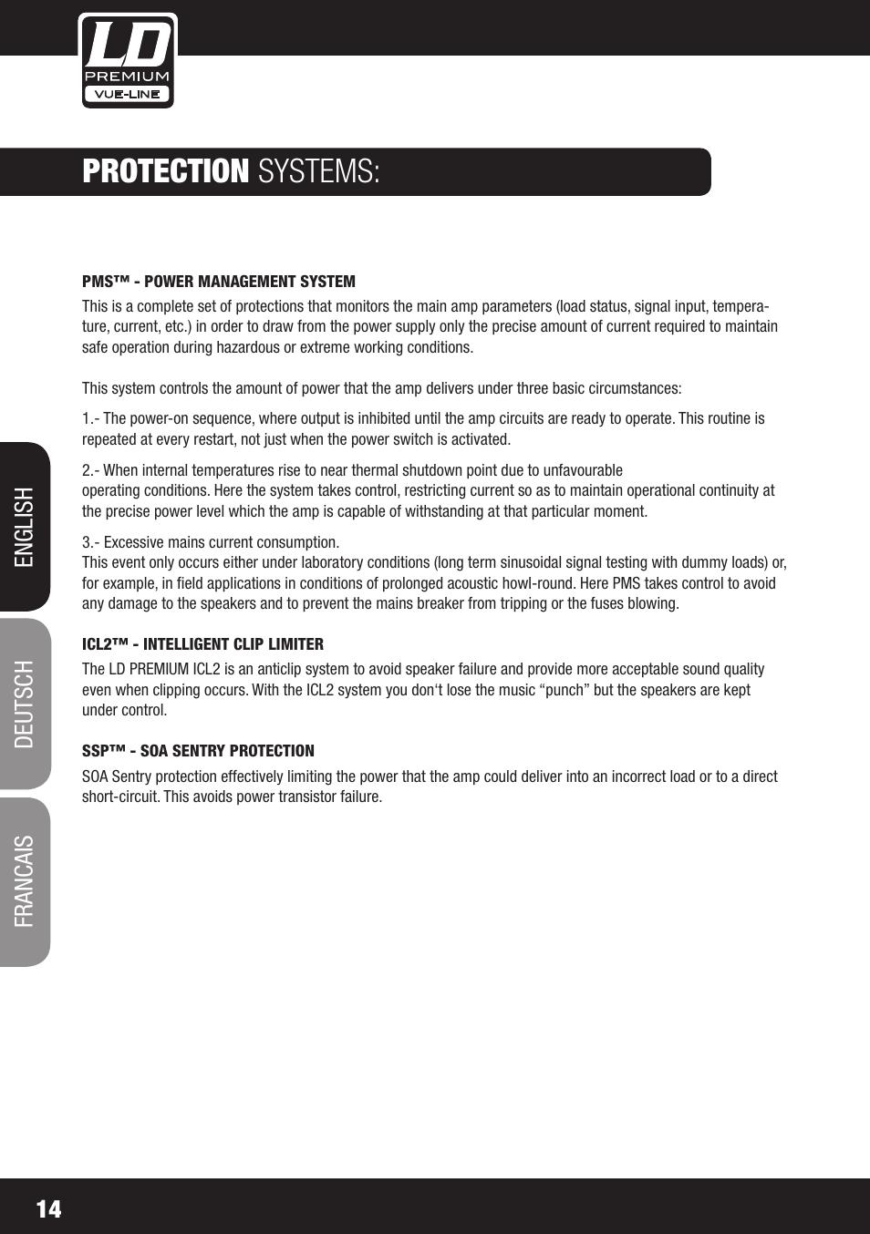 Protection systems, 14 english deutsch francais | LD Systems SP 6K User Manual | Page 14 / 56