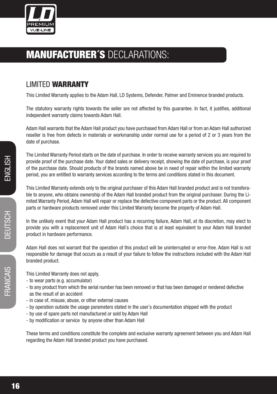 Manufacturer´s declarations, 16 limited warranty, English deutsch francais | LD Systems SP 6K User Manual | Page 16 / 56