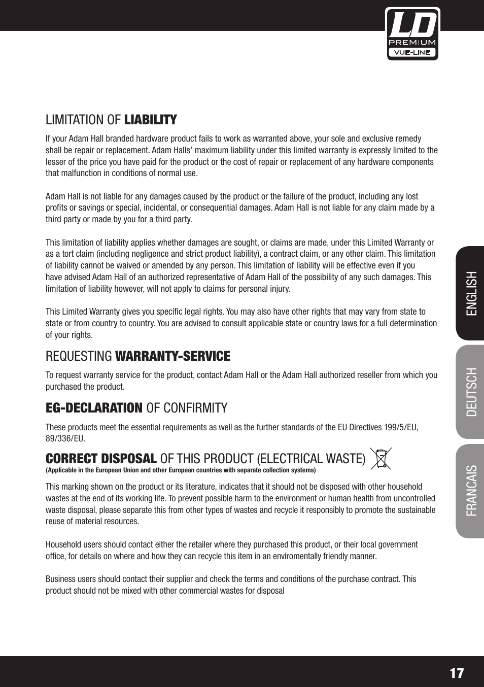 Requesting warranty-service, Eg-declaration of confirmity | LD Systems SP 6K User Manual | Page 17 / 56