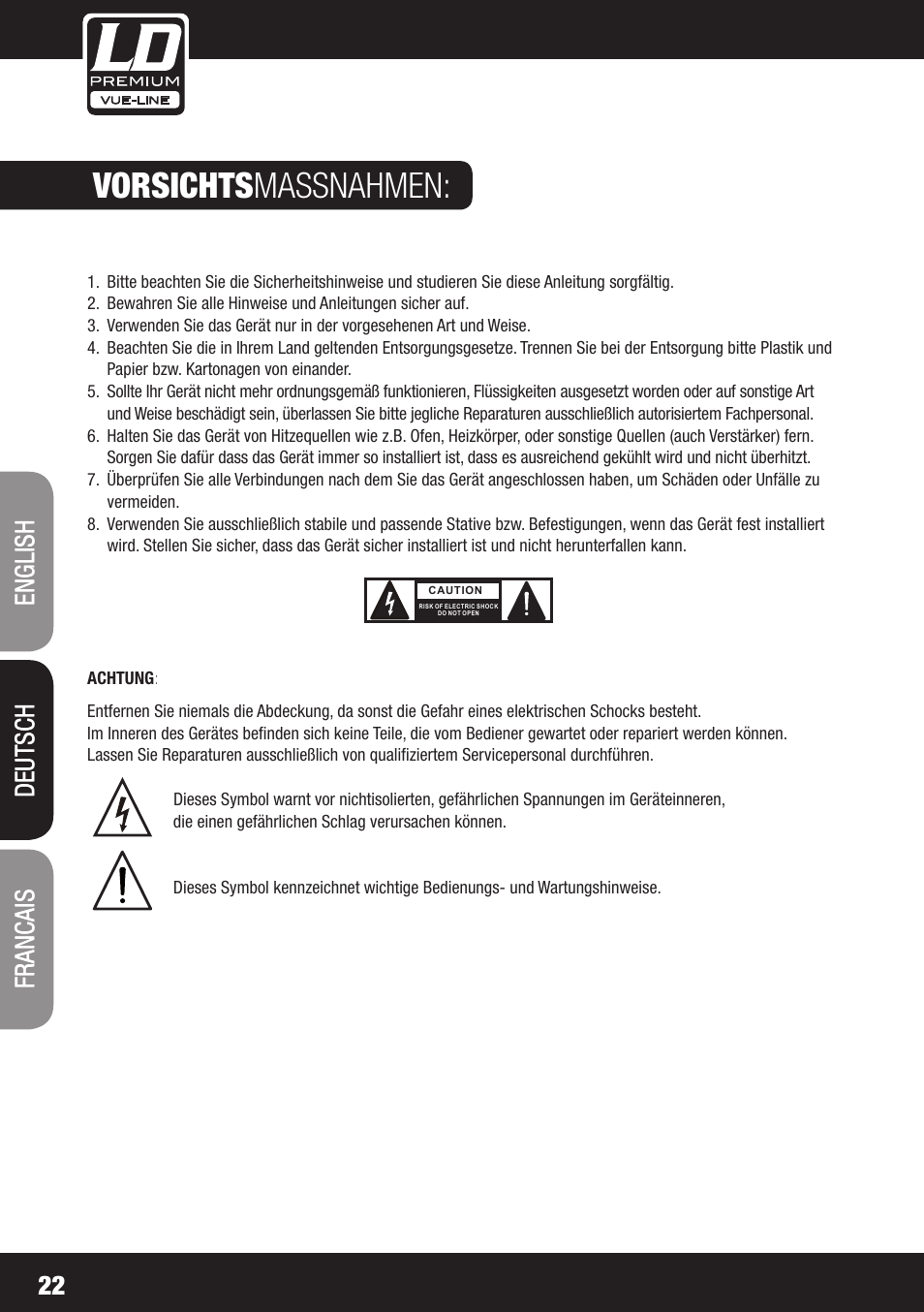 Vorsichts massnahmen | LD Systems SP 6K User Manual | Page 22 / 56