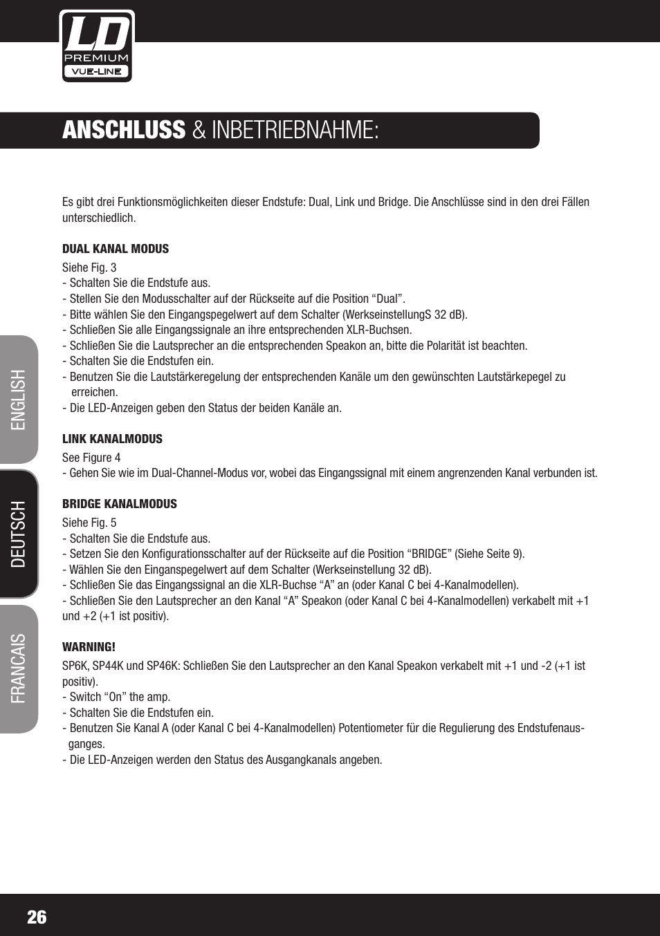 Anschluss & inbetriebnahme, 26 english deutsch francais | LD Systems SP 6K User Manual | Page 26 / 56