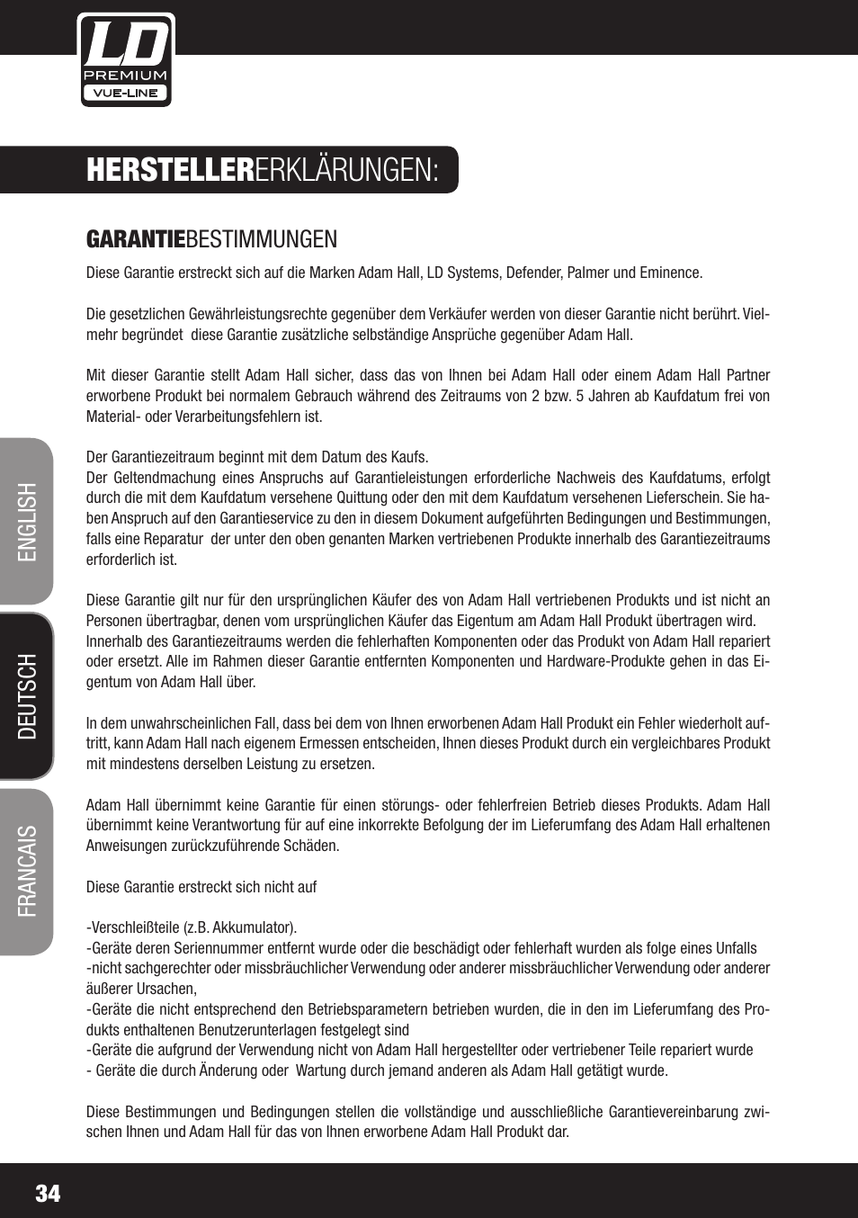 Hersteller erklärungen, 34 english deutsch francais, Garantie bestimmungen | LD Systems SP 6K User Manual | Page 34 / 56