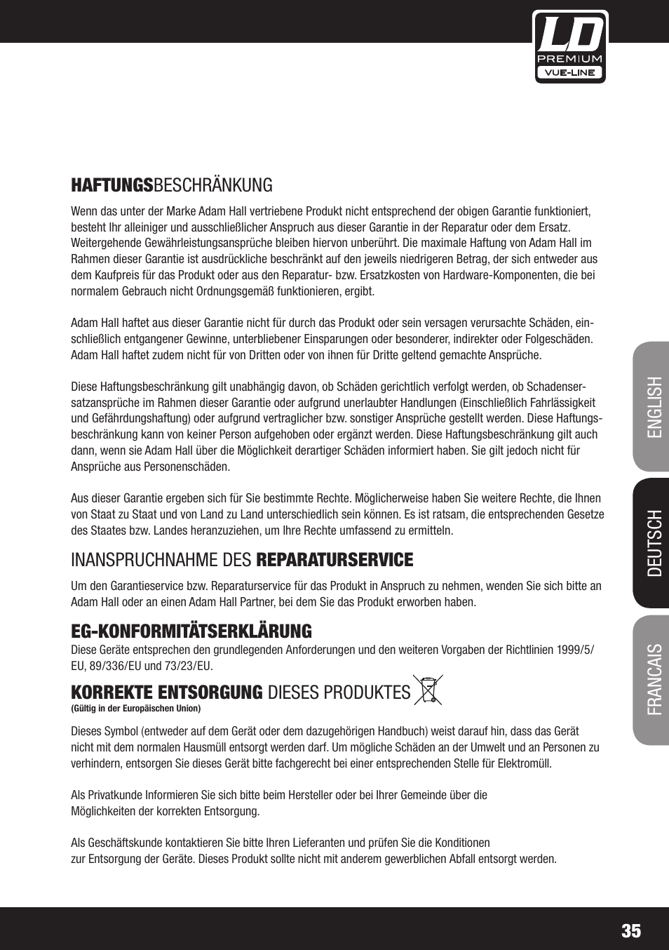 35 english deutsch francais haftungs beschränkung, Inanspruchnahme des reparaturservice, Eg-konformitätserklärung | Korrekte entsorgung dieses produktes | LD Systems SP 6K User Manual | Page 35 / 56