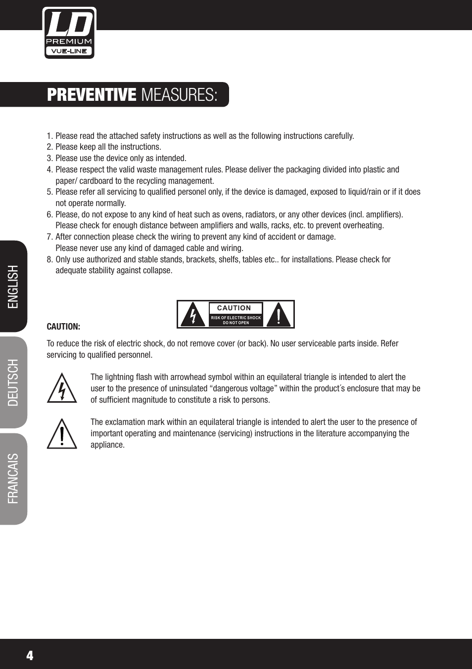 Preventive measures, 4english deutsch francais | LD Systems SP 6K User Manual | Page 4 / 56