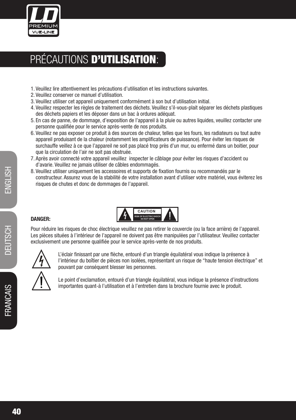 Précautions d’utilisation, 40 english deutsch francais | LD Systems SP 6K User Manual | Page 40 / 56